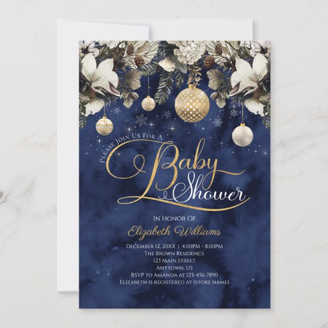Invitación Navidades de Ornamentos Florales de Oro Azul Baby  (Anverso)
