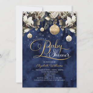 Invitación Navidades de Ornamentos Florales de Oro Azul Baby 