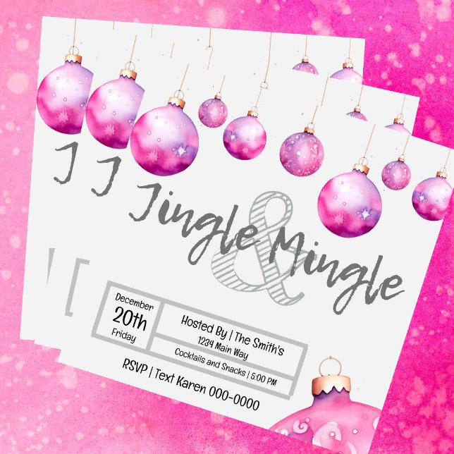 Invitación Navidades de ornamentos rosados y jingle y mingle (Fun pink bauble Jingle and Mingle Christmas Party invitation you can fully customize
)