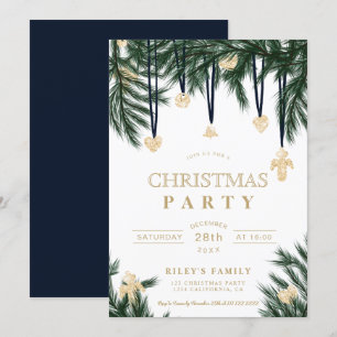 Invitación Navidades de oro azul verde ramas de pino purpurin