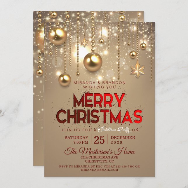 Invitación Navidades de oro baubles y Navidades de estrellas (Anverso / Reverso)