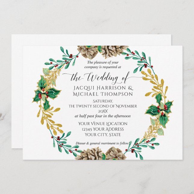 Invitación Navidades de oro blanco Pine Cone Greenery Boda (Anverso / Reverso)