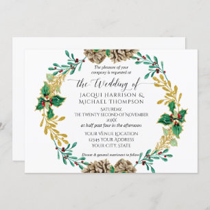 Invitación Navidades de oro blanco Pine Cone Greenery Boda
