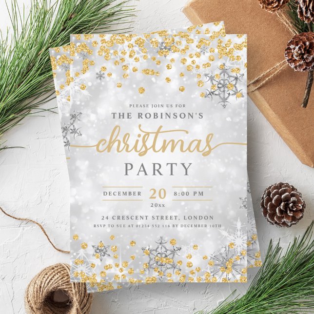 Invitación Navidades de oro de diamantes de plata festiva (Festive Silver Winter Diamonds Christmas Gold Invitation)