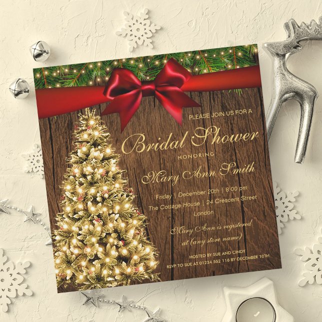 Invitación Navidades de oro Ducha de novia Árbol de luces Cin (Gold Christmas Bridal Shower Tree Lights Ribbon Invitation)