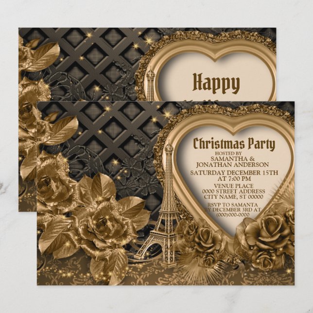 Invitación Navidades de oro Fiesta Hermosa Elegante (Anverso / Reverso)