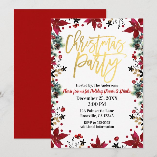 Invitación Navidades de oro Fiesta Poinsettia Holiday Floral (Anverso / Reverso)