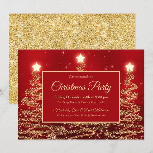 Invitación Navidades de oro Fiesta Purpurina de espárragos ár (Anverso / Reverso)