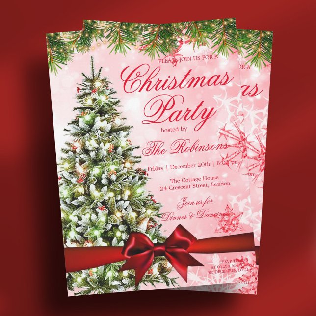 Invitación Navidades de oro Fiesta Xmas Tree Lights y Ribbon  (Gold Christmas Party Xmas Tree Lights & Ribbon Red Invitation)