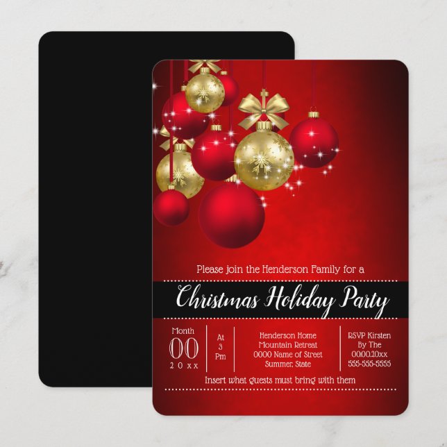 Invitación Navidades de oro rojo baubles fiesta de moda (Anverso / Reverso)