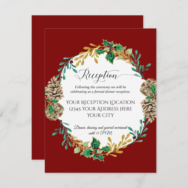 Invitación Navidades de oro rojo Holly Pine Wedding Recepción (Anverso / Reverso)