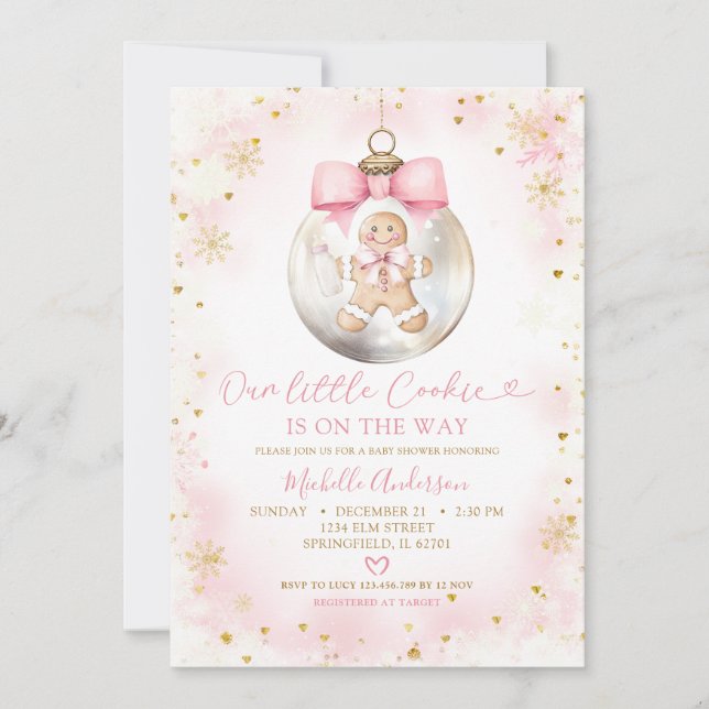Invitación Navidades de oro rosado Baubles Cookie Baby Shower (Anverso)