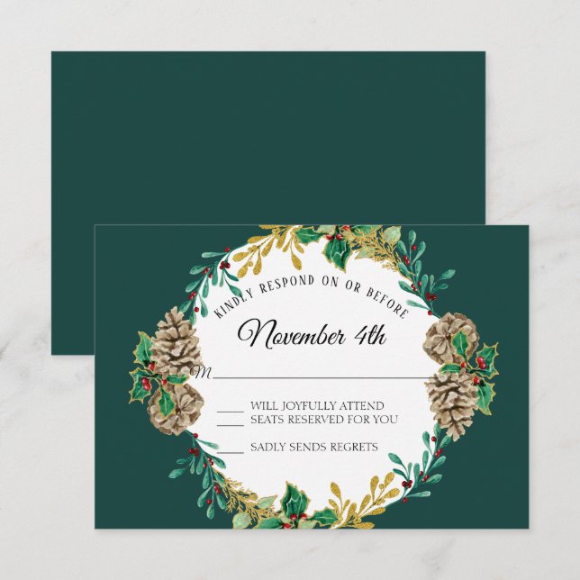 Invitación Navidades de oro RSVP Greenery Wreath Watercolor (Anverso / Reverso)