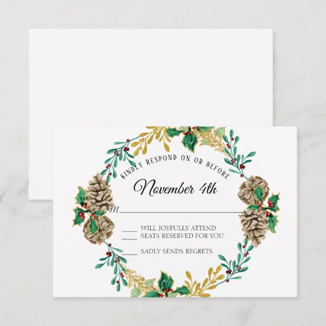 Invitación Navidades de oro RSVP Holly Leaf Pine Cone Wreath (Anverso / Reverso)