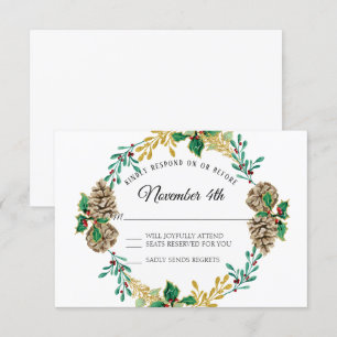 Invitación Navidades de oro RSVP Holly Leaf Pine Cone Wreath