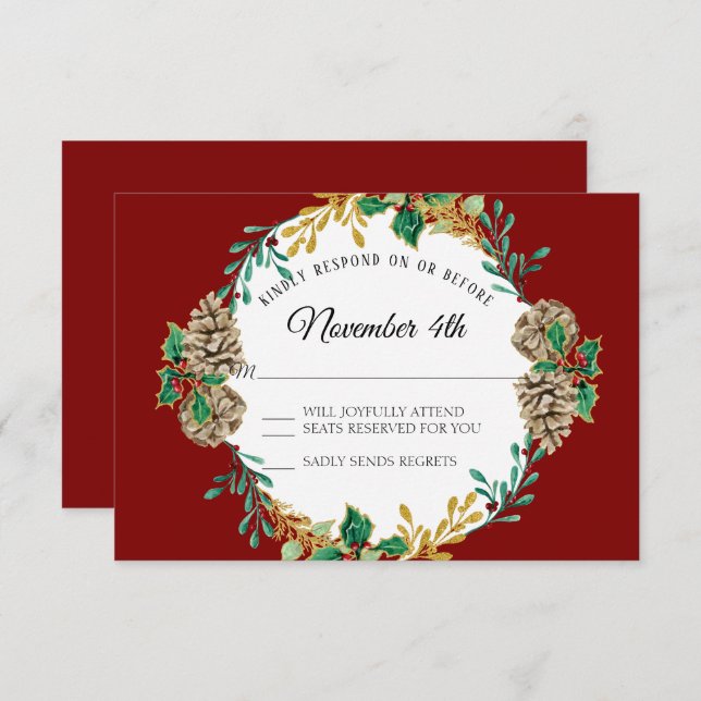 Invitación Navidades de oro RSVP Red Holly Pine Cone Wreath (Anverso / Reverso)