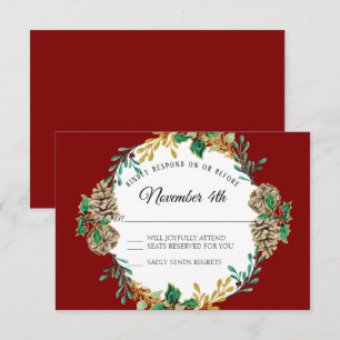 Invitación Navidades de oro RSVP Red Holly Pine Wreath