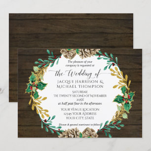 Invitación Navidades de oro ruso Boda de verde de Pine Cone