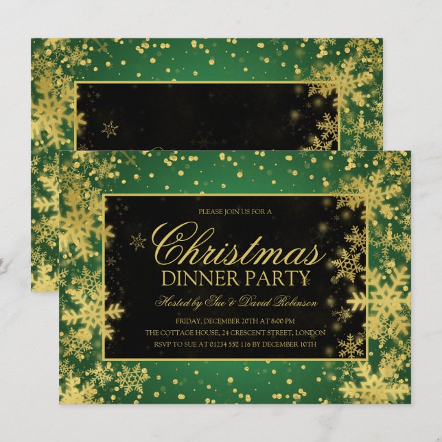 Invitación Navidades de oro verde cena copos de nieve de invi (Anverso / Reverso)