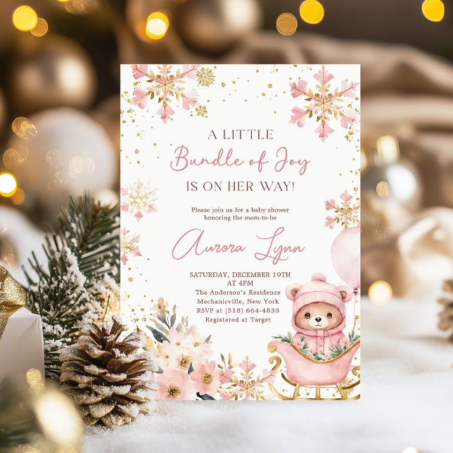 Invitación Navidades de oso rosa Chica de invierno Baby Showe (Subido por el creador)