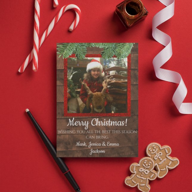 Invitación Navidades de país Barnwood y Pine Photo Card (Subido por el creador)