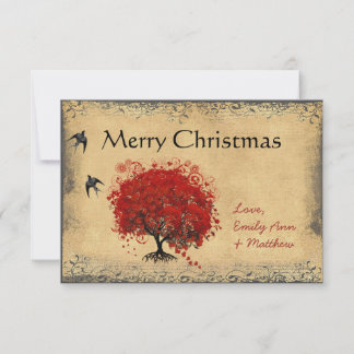 Invitación Navidades de pájaro vintage del árbol rojo de la h