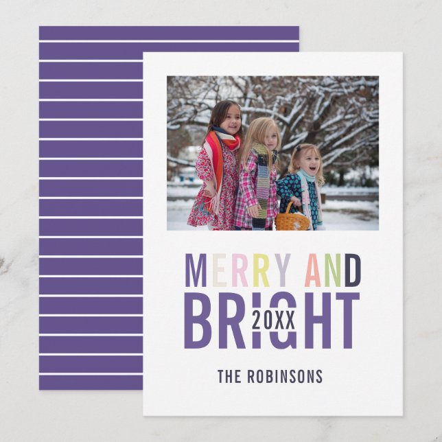 Invitación Navidades de paleta ultravioleta saludando foto (Anverso / Reverso)