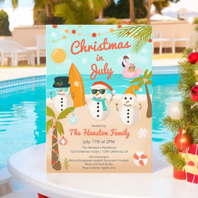 Invitación Navidades de palmas flotan muñequera de nieve trop (Tropical Snowmen floater Palm Christmas in July Invitation)