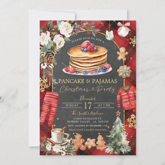 Invitación Navidades de panqueques pijamas Navidades florales (Anverso)