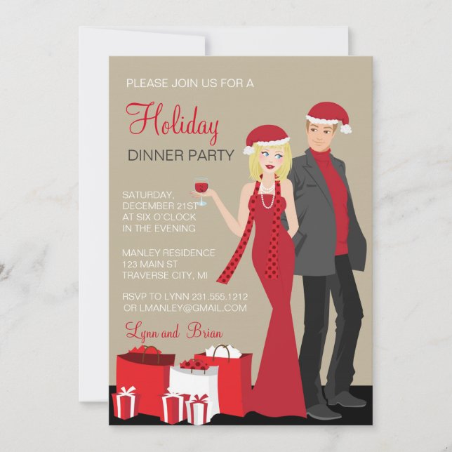Invitación Navidades de parejas rubias de fiesta navideña (Anverso)