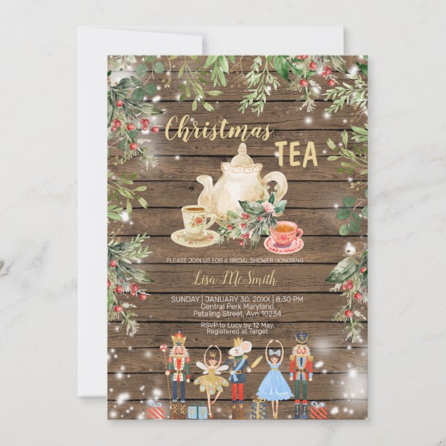 Invitación Navidades de pepitas de madera Tea Bridal Shower F (Anverso)