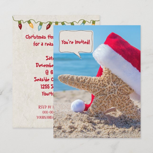 Invitación Navidades de pez estrella en la arena de la playa  (Anverso / Reverso)