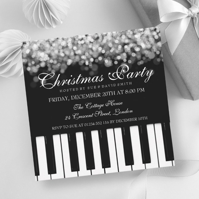 Invitación Navidades de piano bar Fiesta luces plateadas (Piano Bar Christmas Party Silver Lights Invitation)