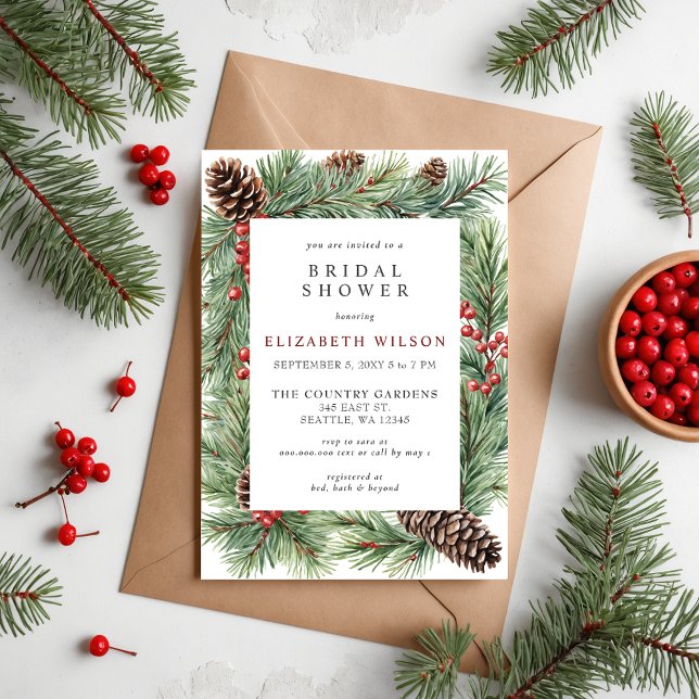 Invitación Navidades de Pine Cone Holly Rústicos Ducha de Nov (Rustic Pine Cone Holly Christmas Bridal Shower Invitation)