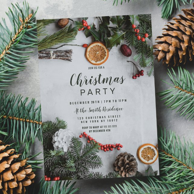 Invitación Navidades de Pinetree Naranja de Cranberry Rojo (Red Cranberry Orange Winter Pinetree Christmas )