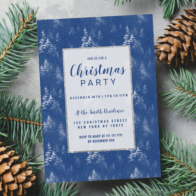 Invitación Navidades de pino azul cielo de invierno (Winter sky blue white snow Christmas pine trees )
