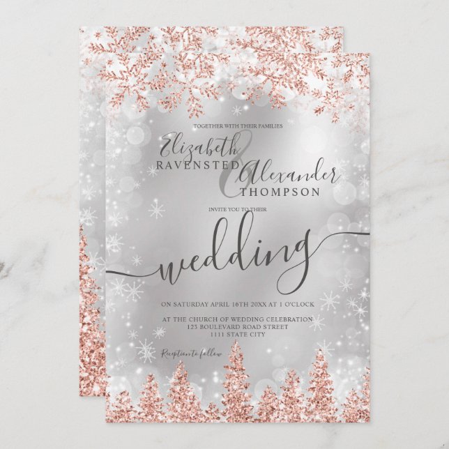 Invitación Navidades de pino de nieve de plata Rosa bodas de  (Anverso / Reverso)