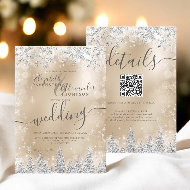 Invitación Navidades de pino dorado plateado casamiento de in (Silver gold snow pine Christmas winter wedding qr Invitation)