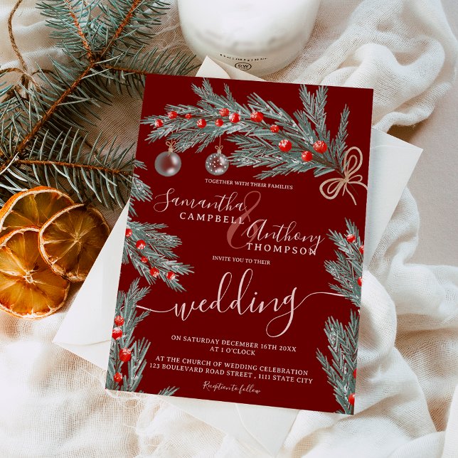 Invitación Navidades de pino verde boda de fotografía de invi (Green pine Christmas winter photo wedding Invitation)