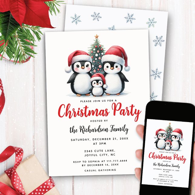 Invitación Navidades de pinos de la familia Cute Penguins (Subido por el creador)
