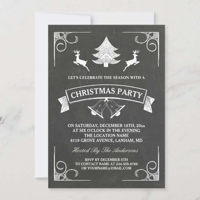 Invitación Navidades de pizarra Deer Tree Bell Holiday Party (Anverso)