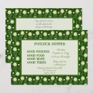 Invitación Navidades de Poinsettia Blanca Verde Cena de SUERT