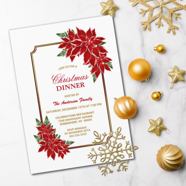Invitación Navidades de Poinsettia Cena Bordeada de Oro (Subido por el creador)