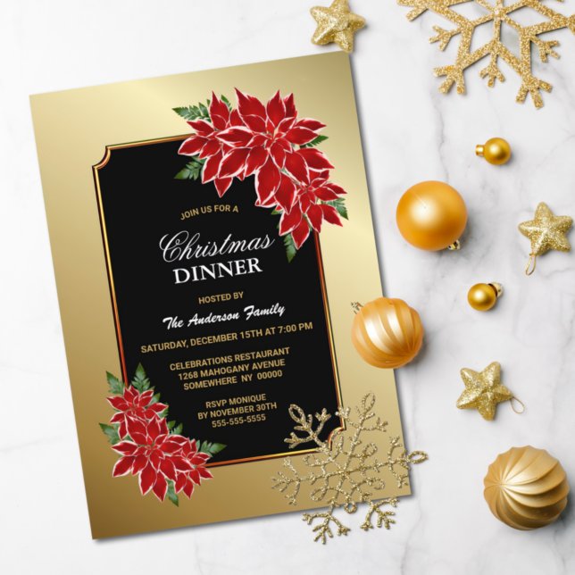 Invitación Navidades de Poinsettia Cena Dorada Bordeada Negro (Subido por el creador)