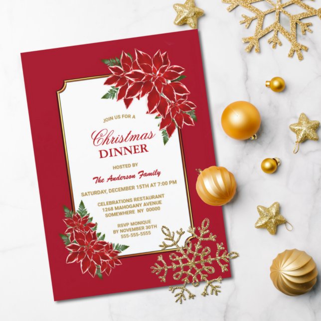 Invitación Navidades de Poinsettia Cena Rojo Borde (Subido por el creador)