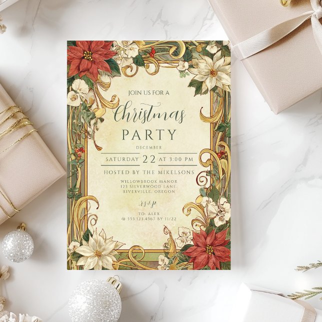 Invitación Navidades de Poinsettia de Vintage (Subido por el creador)
