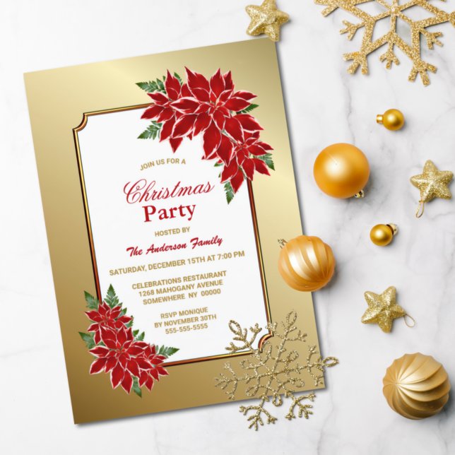 Invitación Navidades de Poinsettia Fiesta Borde de oro (Subido por el creador)