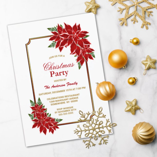 Invitación Navidades de Poinsettia Fiesta Borde de oro (Subido por el creador)