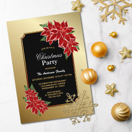 Invitación Navidades de Poinsettia Fiesta Bordeado de oro neg