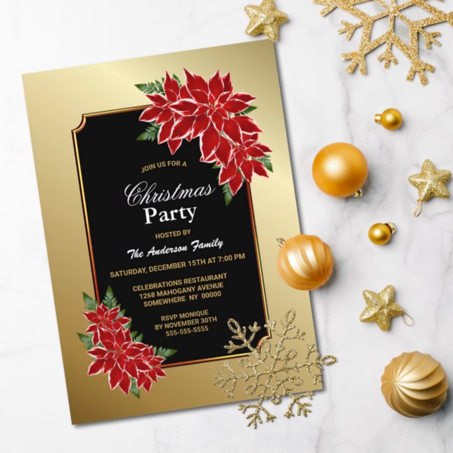 Invitación Navidades de Poinsettia Fiesta Bordeado de oro neg (Subido por el creador)